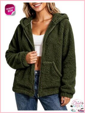 Sherpa Fleece Faux Fur Winter Coat Hooded Zip Fuzzy Warm Jacket
